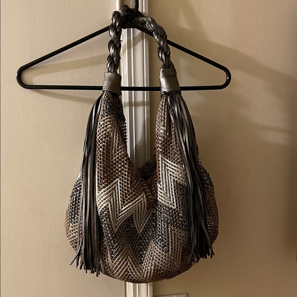 Handbags - Chevron Pattern Hobo Bag with Braided Handles if Buddha fringe hobo purse
